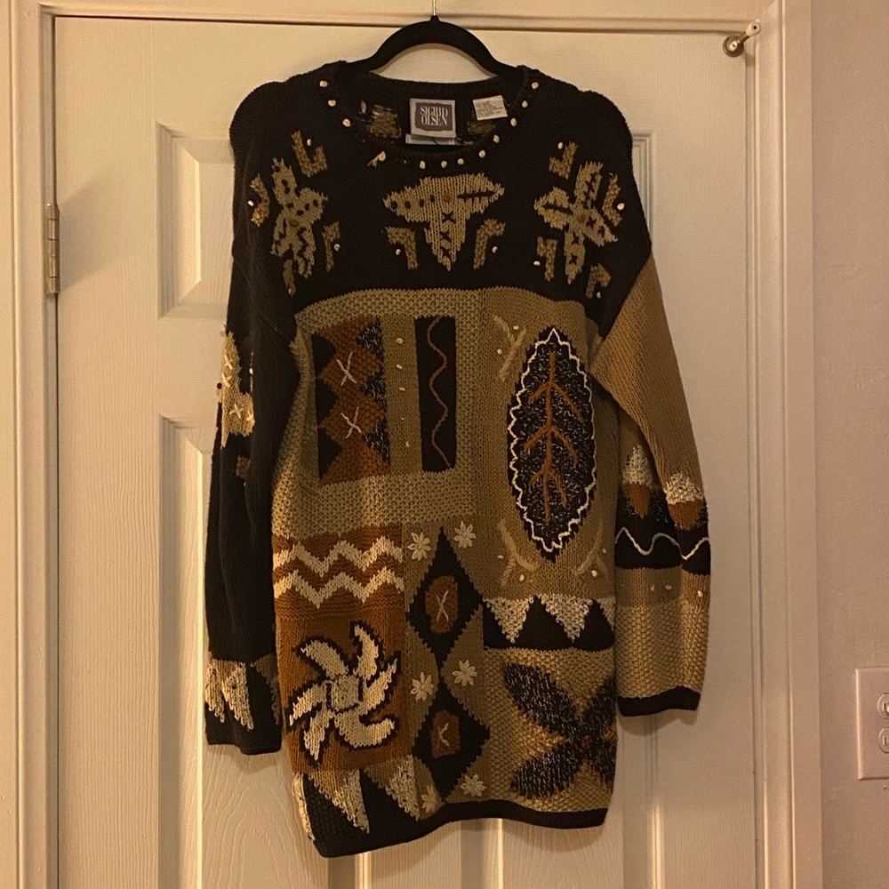 Sigrid Olsen Black and Brown Knit Patterned Sweater - vintage & cute for fall!!
